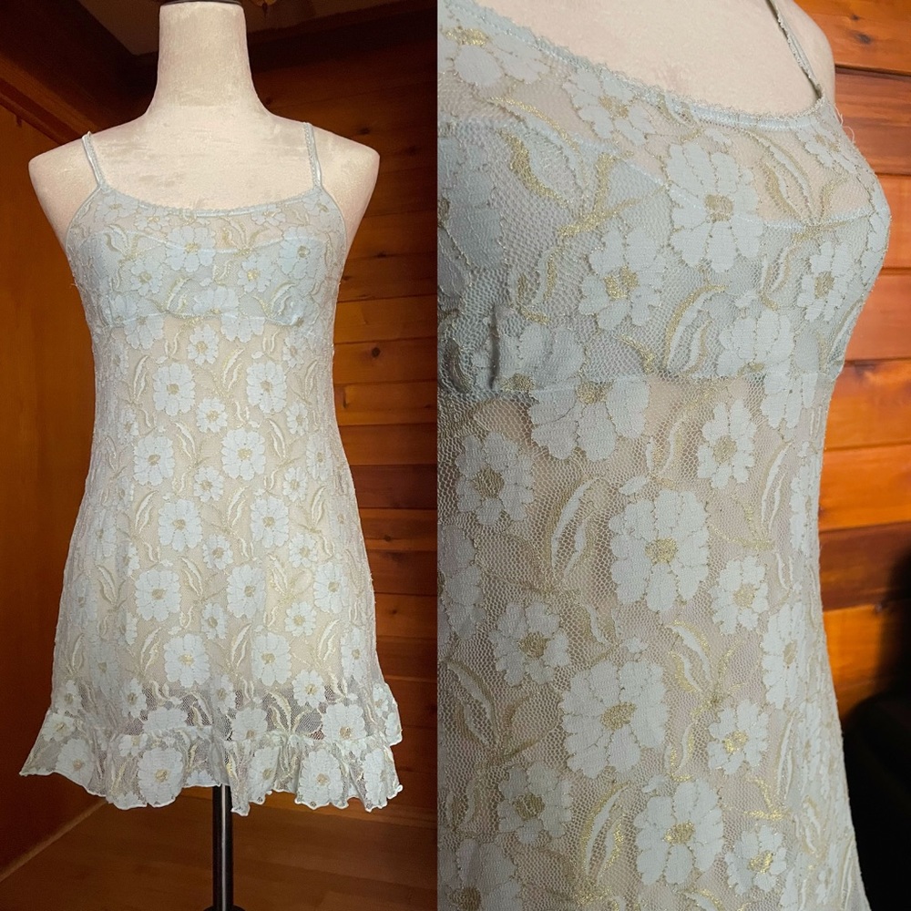 Victoria’s Secret Angels Baby Blue Gold Floral Mesh Mini Dress Sz Large - Picture 5 of 6